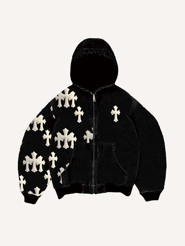 Trendy Graphic Cross Faux Decal Print Zip-Up Hooded Jacket Streetwear Coat