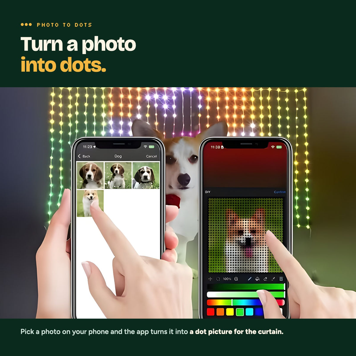 Turning a photo of a dog into a dot picture for the curtain in the app