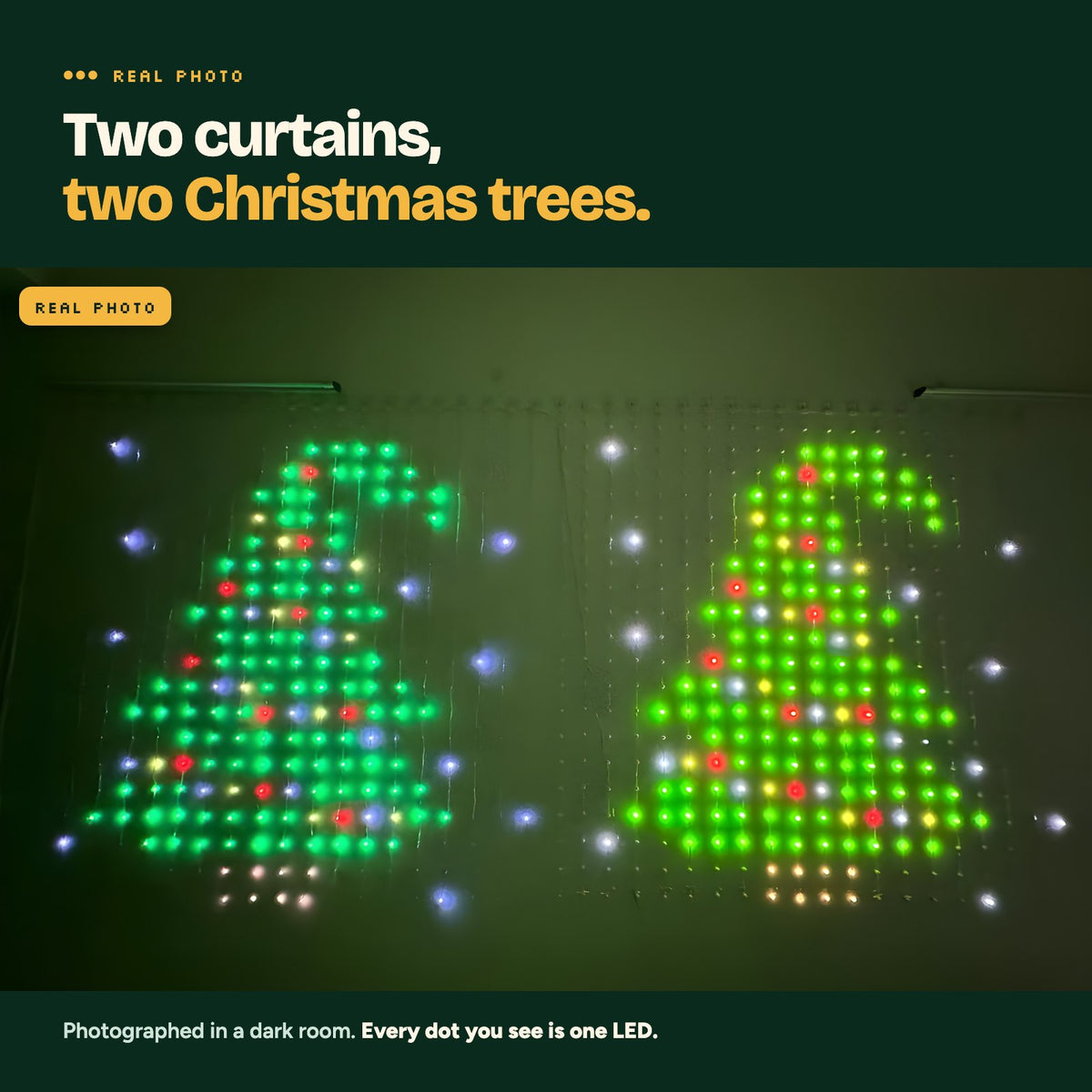 Real photo of two LED curtains in a dark room, each showing a Christmas tree made of green, red and white dots