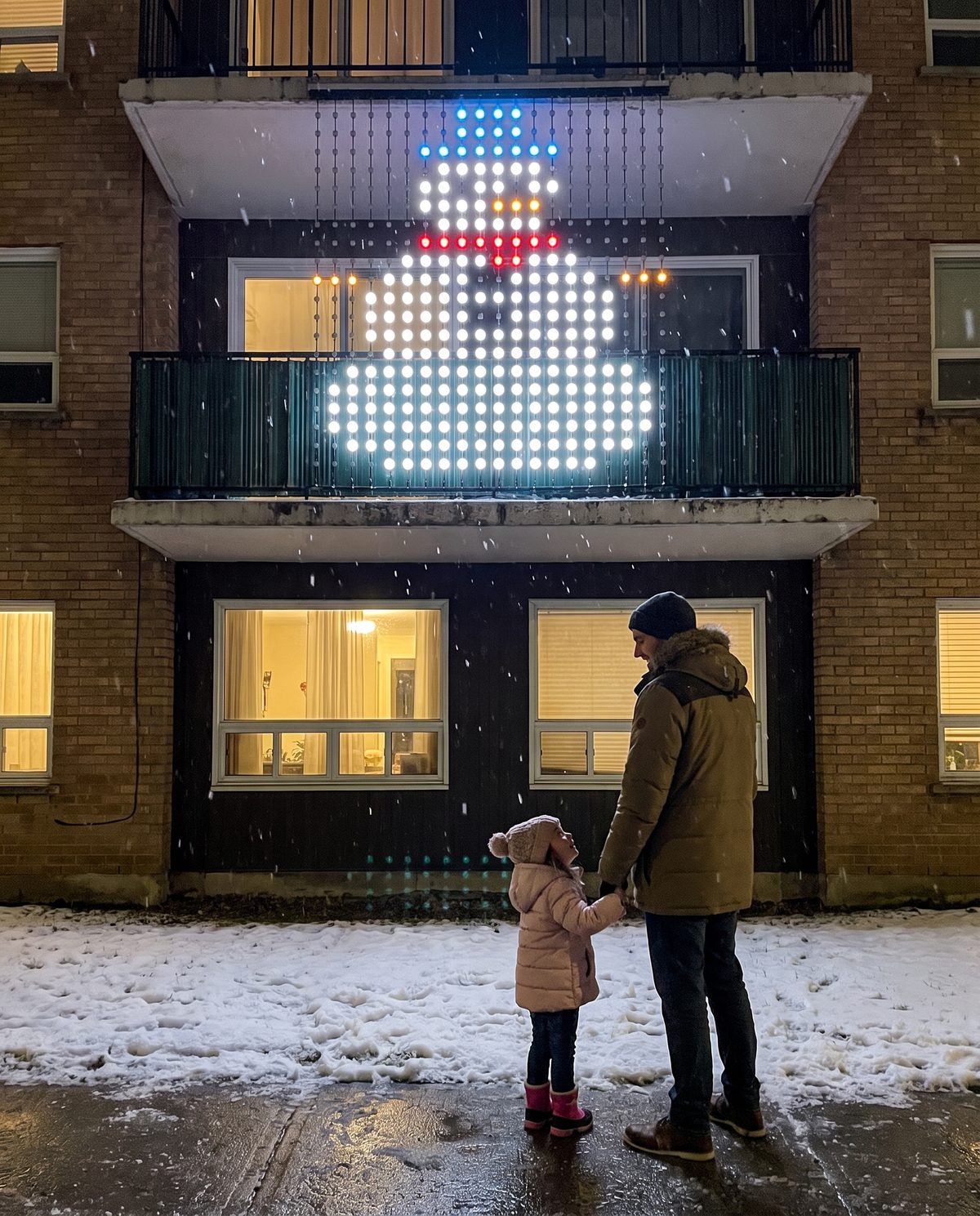 A father and daughter looking up at a snowman made of LED dots on an apartment balcony