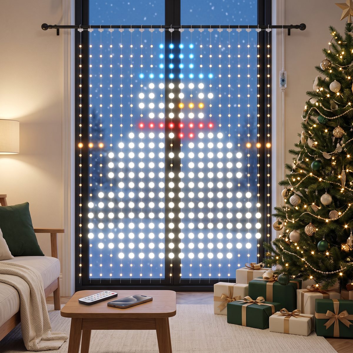 A snowman made of LED dots hanging in a living room window at Christmas