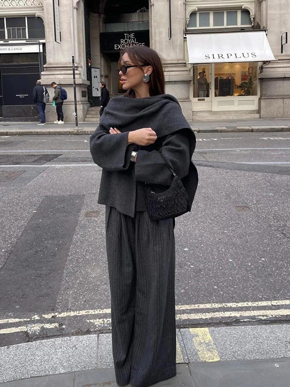 Asymmetric Wool Blend Poncho Lightweight Warm Draped Winter Layer