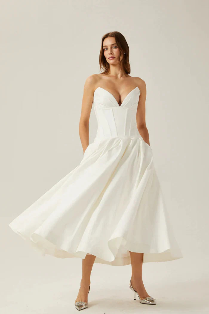 Lorelei Corset Midi Dress Figure-Hugging Off-Shoulder Pleated Evening Elegance