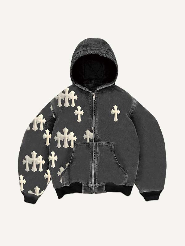 Trendy Graphic Cross Faux Decal Print Zip-Up Hooded Jacket Streetwear Coat