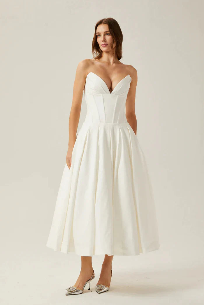 Lorelei Corset Midi Dress Figure-Hugging Off-Shoulder Pleated Evening Elegance