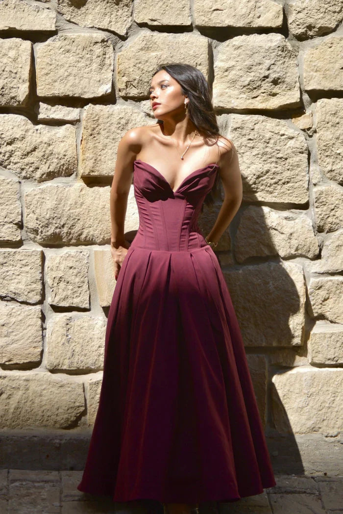 Lorelei Corset Midi Dress Figure-Hugging Off-Shoulder Pleated Evening Elegance