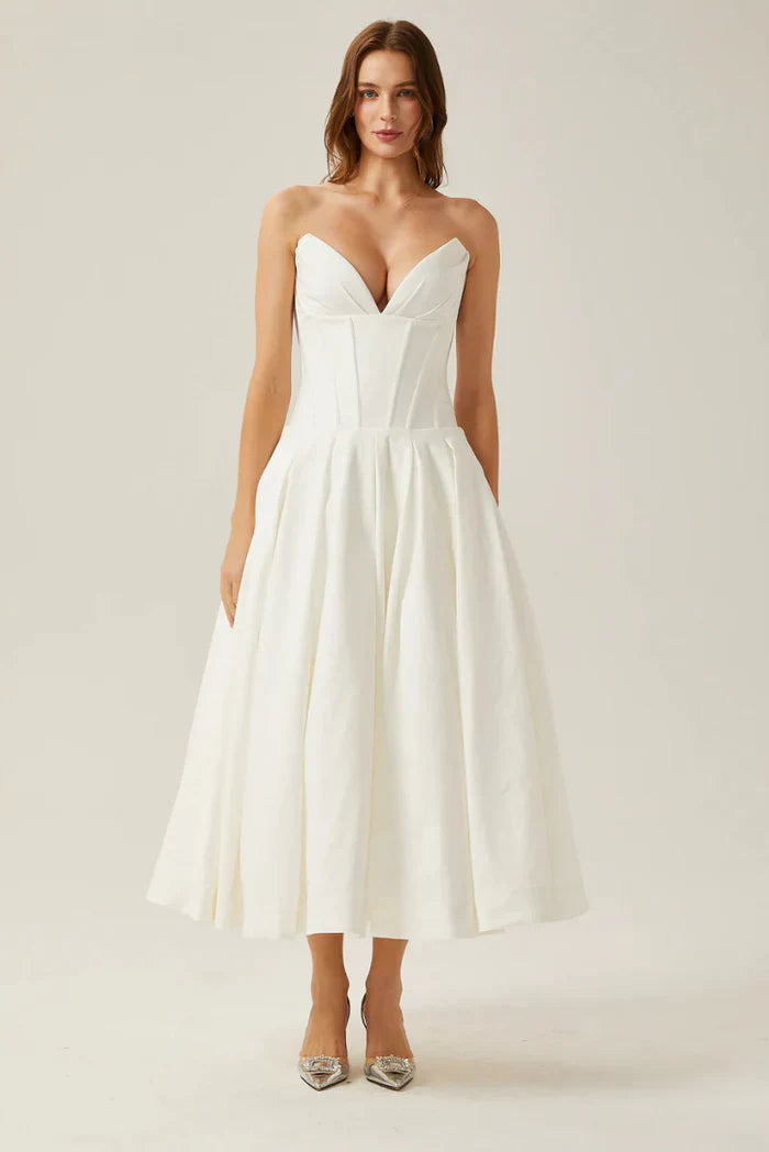 Lorelei Corset Midi Dress Figure-Hugging Off-Shoulder Pleated Evening Elegance