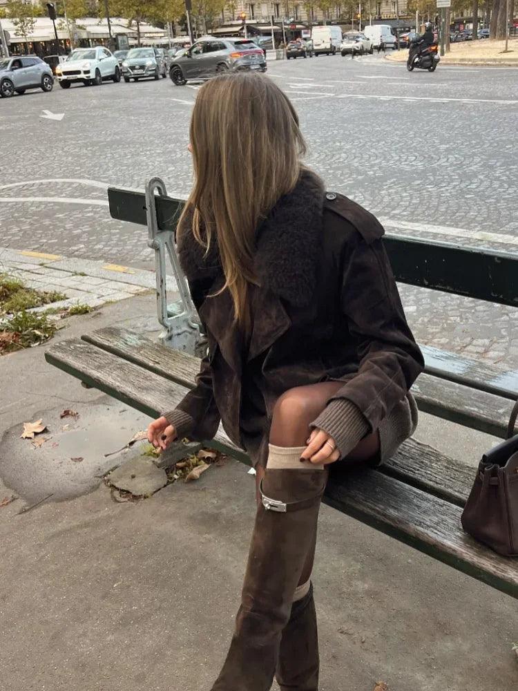 Rich Brown Cropped Suede Coat with Faux Fur Collar