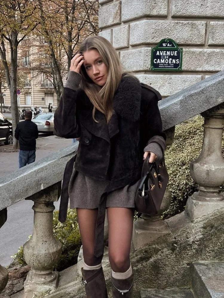 Rich Brown Cropped Suede Coat with Faux Fur Collar