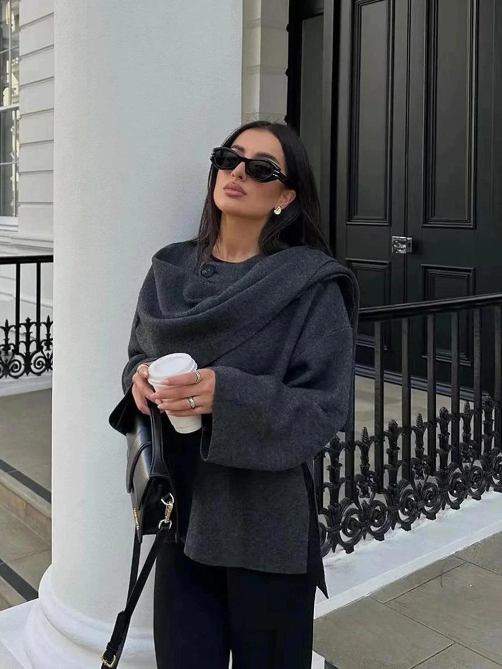 Asymmetric Wool Blend Poncho Lightweight Warm Draped Winter Layer