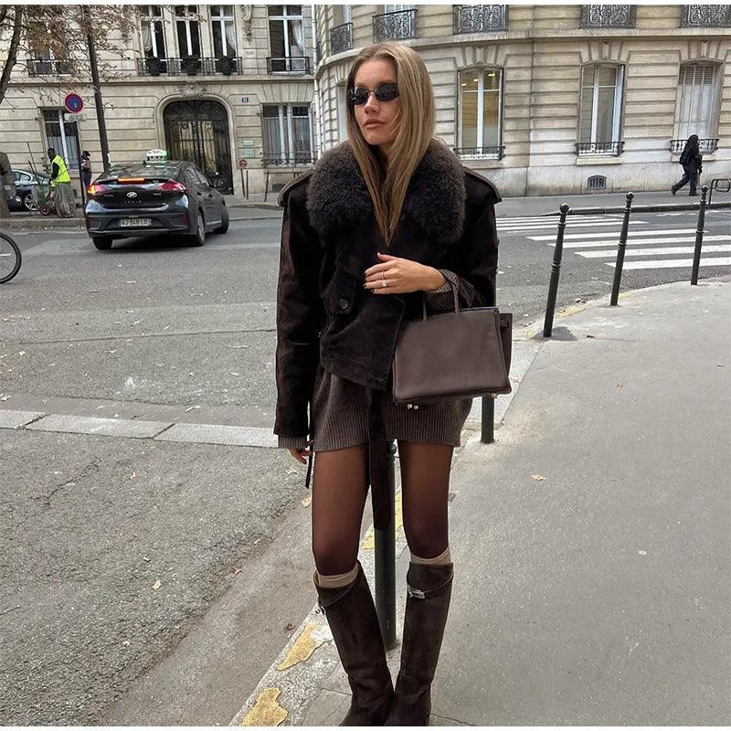 Rich Brown Cropped Suede Coat with Faux Fur Collar