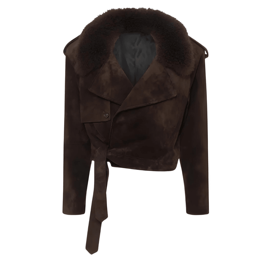 Rich Brown Cropped Suede Coat with Faux Fur Collar