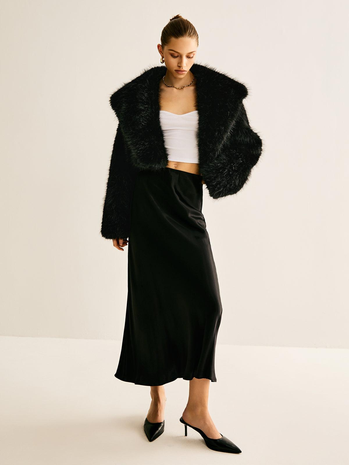 Black Short Faux Fur Jacket Women's Chic Soft Fur Coat