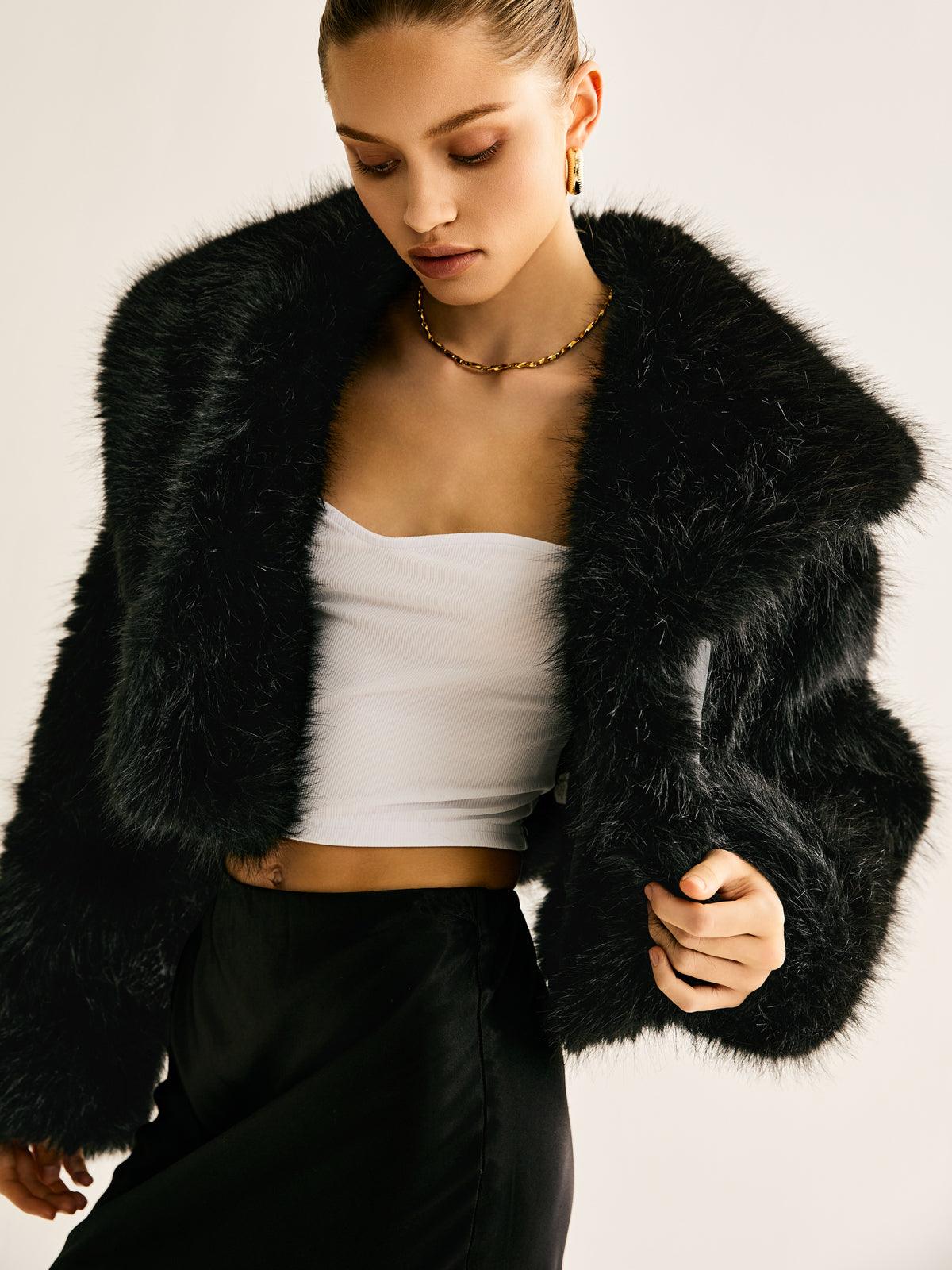 Black Short Faux Fur Jacket Women's Chic Soft Fur Coat