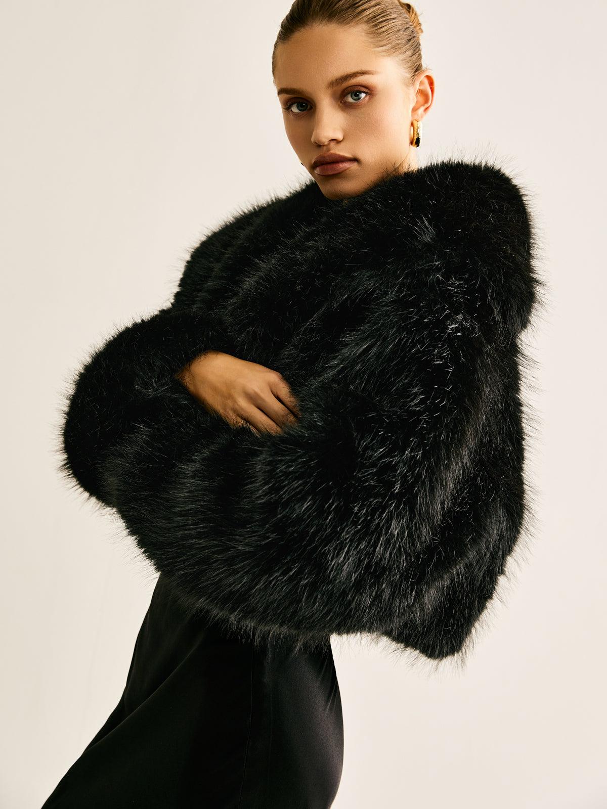 Black Short Faux Fur Jacket Women's Chic Soft Fur Coat