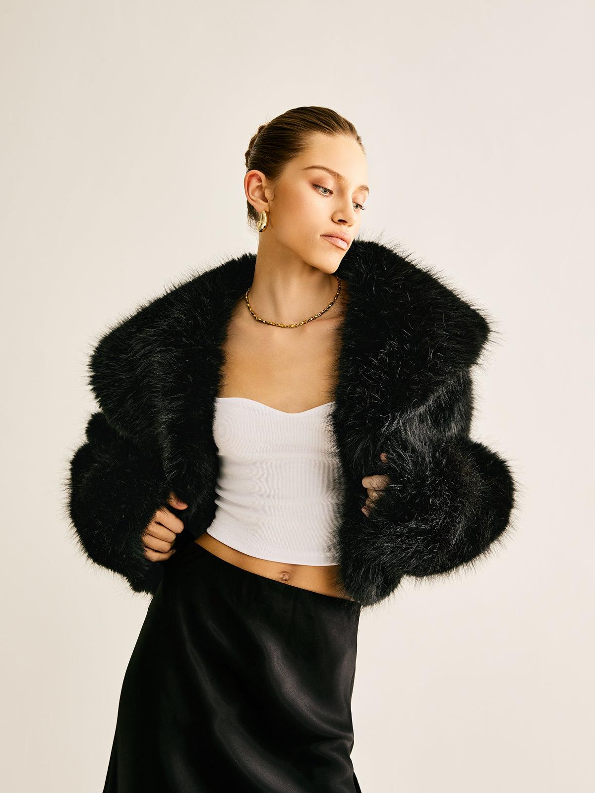 Black Short Faux Fur Jacket Women's Chic Soft Fur Coat