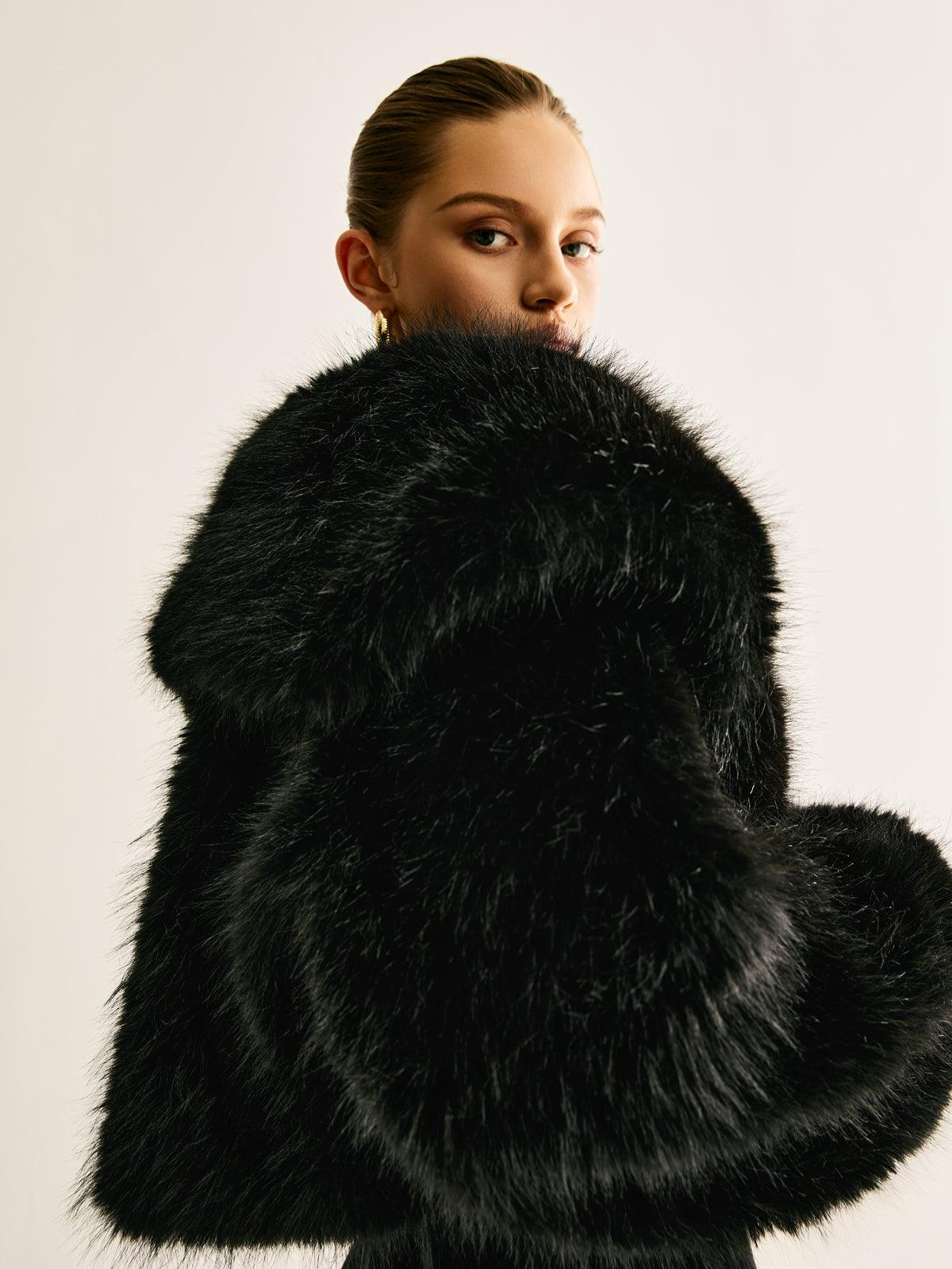 Black Short Faux Fur Jacket Women's Chic Soft Fur Coat
