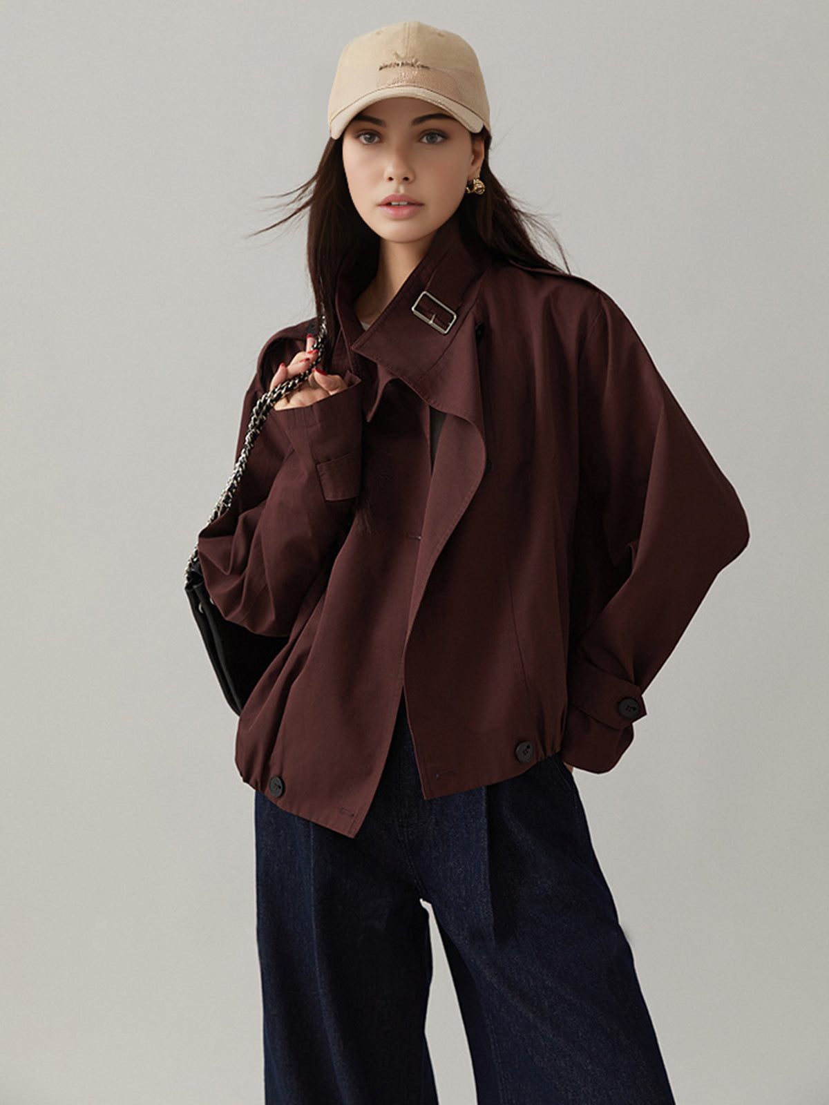 Vintage Loose Trench Coat Burgundy Long-Sleeve Shift Fit