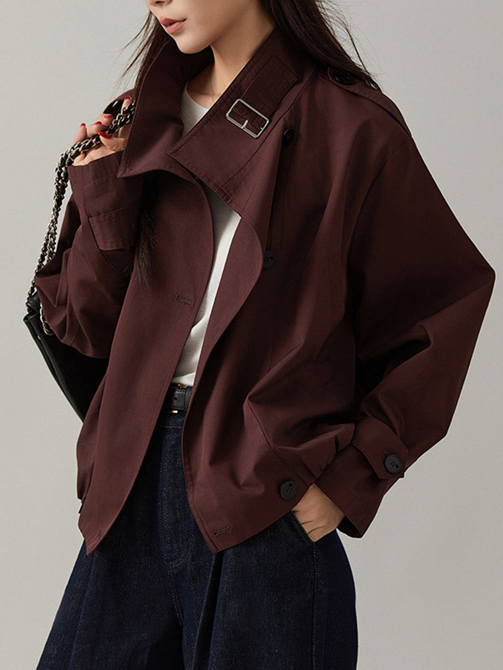 Vintage Loose Trench Coat Burgundy Long-Sleeve Shift Fit