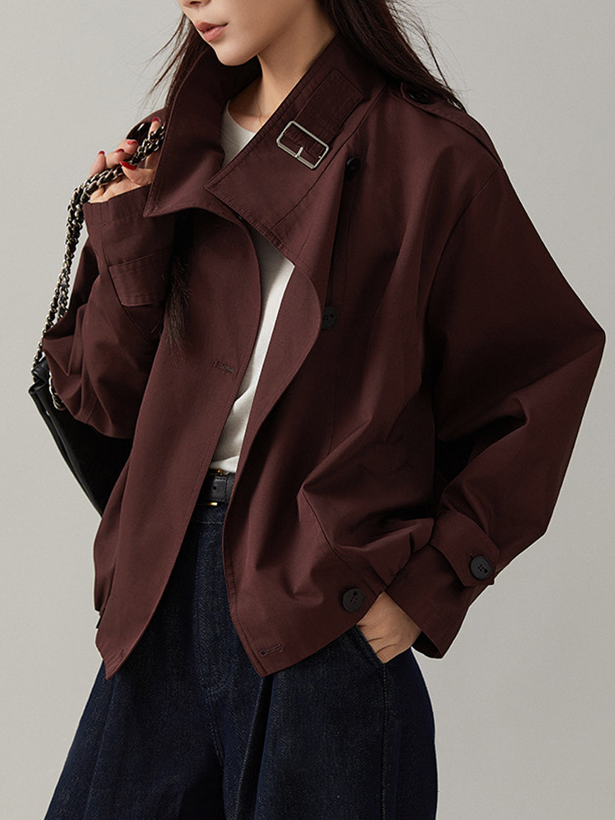 Vintage Loose Trench Coat Burgundy Long-Sleeve Shift Fit