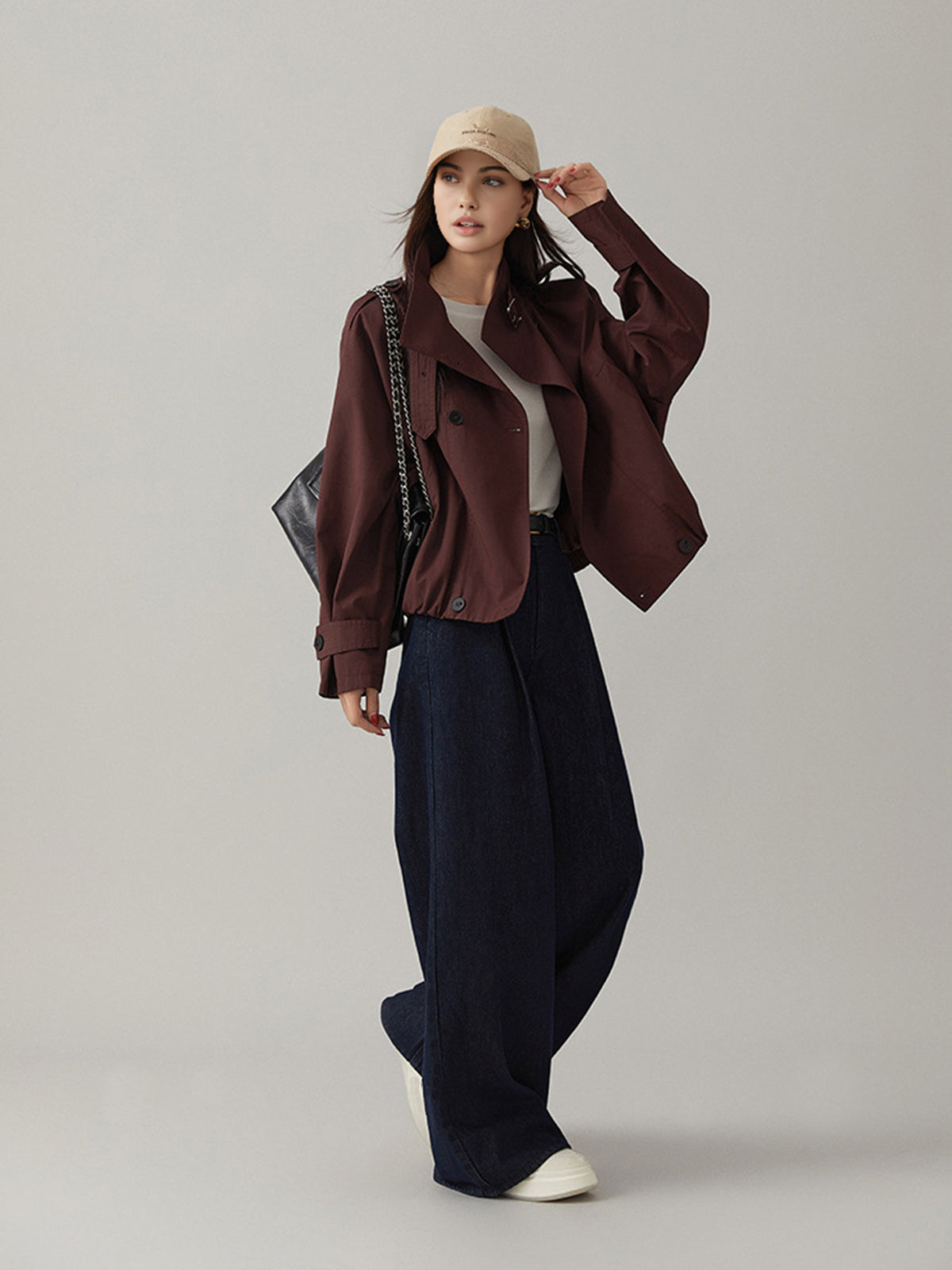 Vintage Loose Trench Coat Burgundy Long-Sleeve Shift Fit