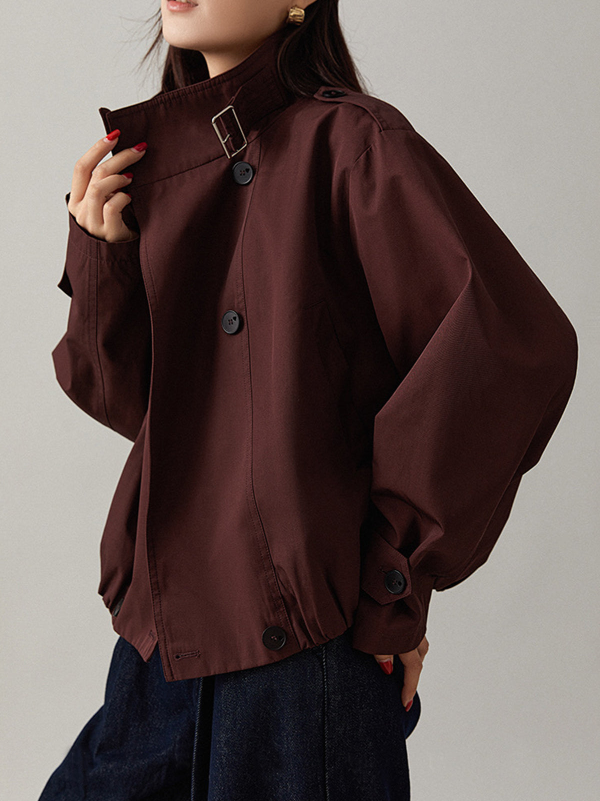 Vintage Loose Trench Coat Burgundy Long-Sleeve Shift Fit
