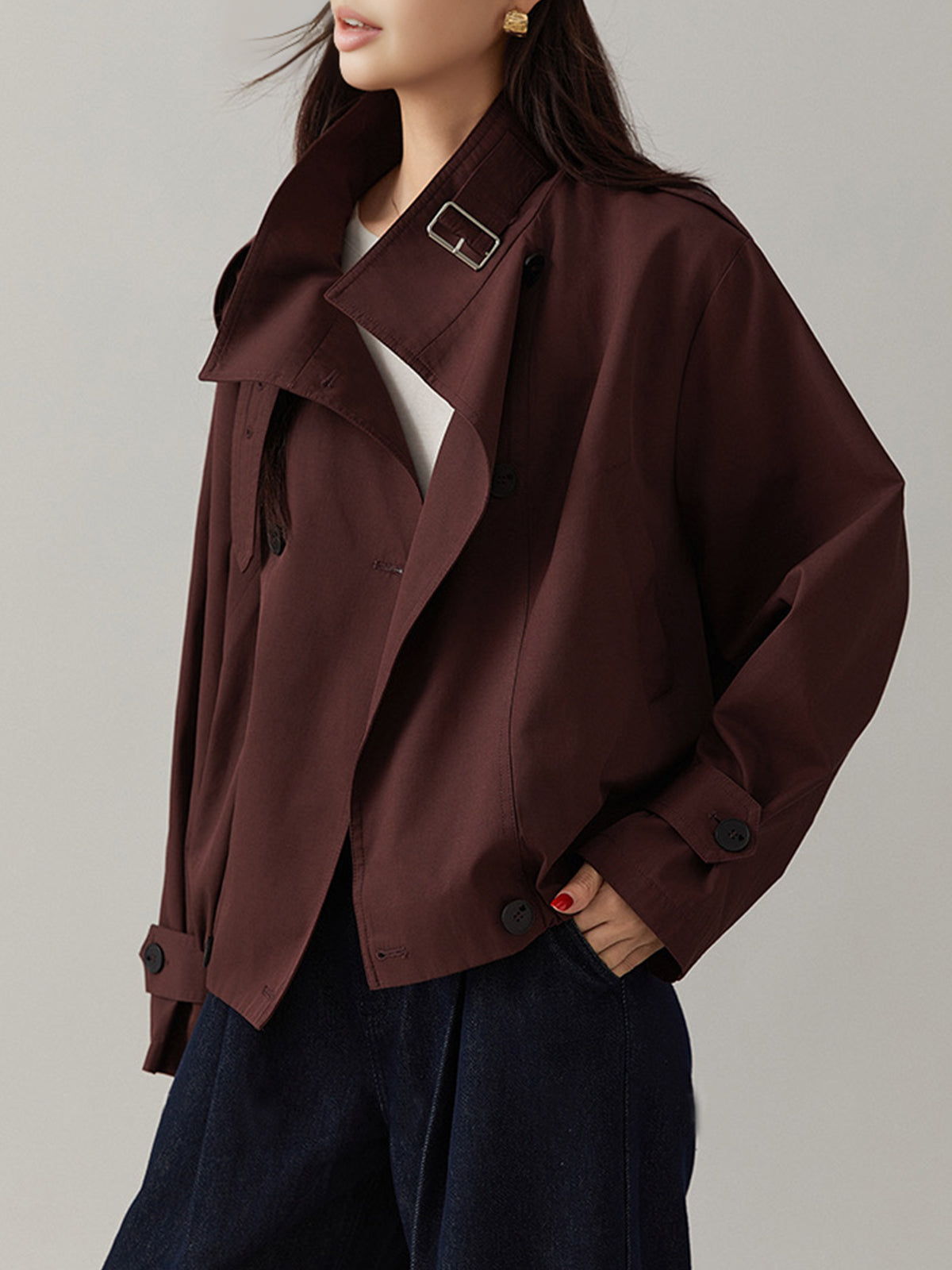Vintage Loose Trench Coat Burgundy Long-Sleeve Shift Fit