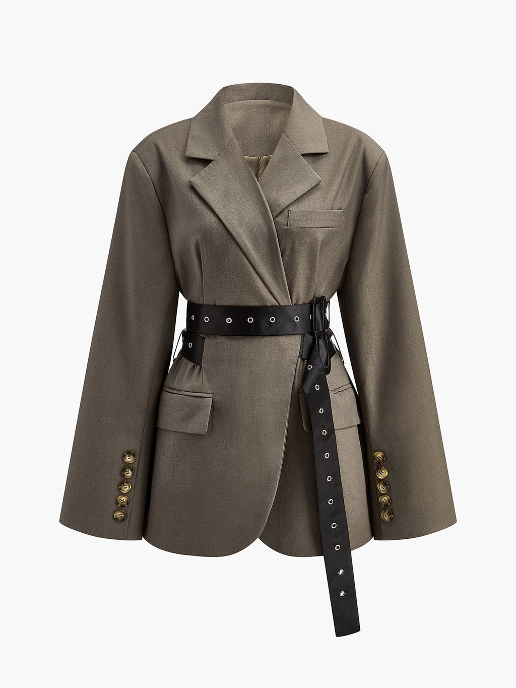 Dark Brown Retro Button Blazer with Belted Waist