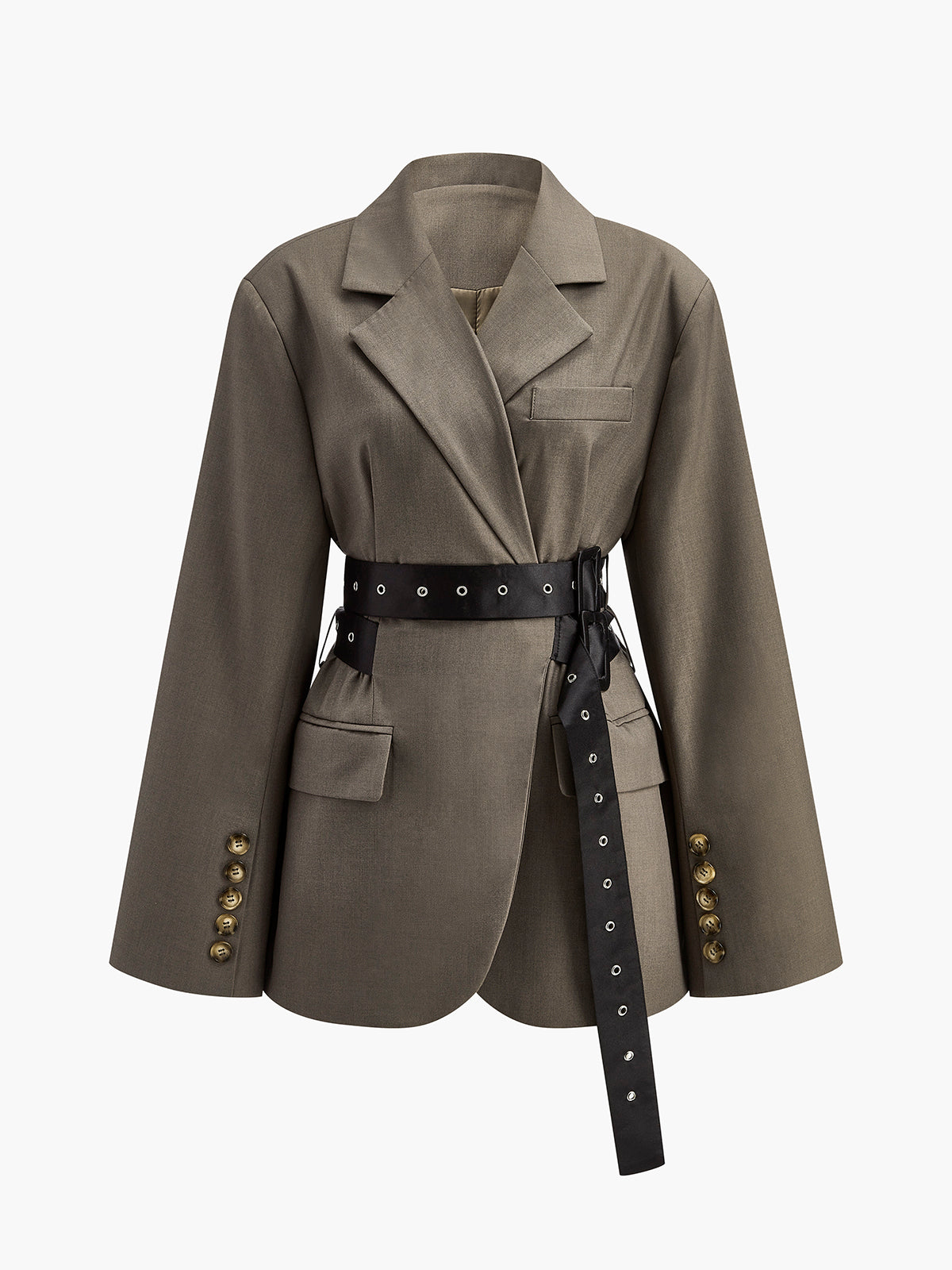 Dark Brown Retro Button Blazer with Belted Waist