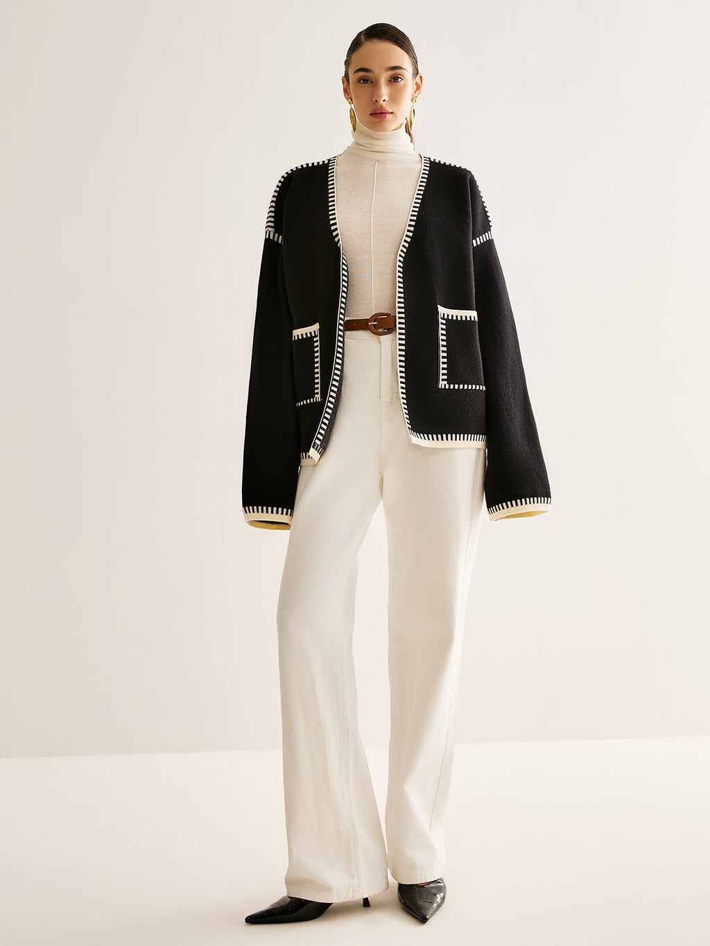 Contrast-Trim Belted Side-Slit Warm Jersey Cardigan for Women - Black