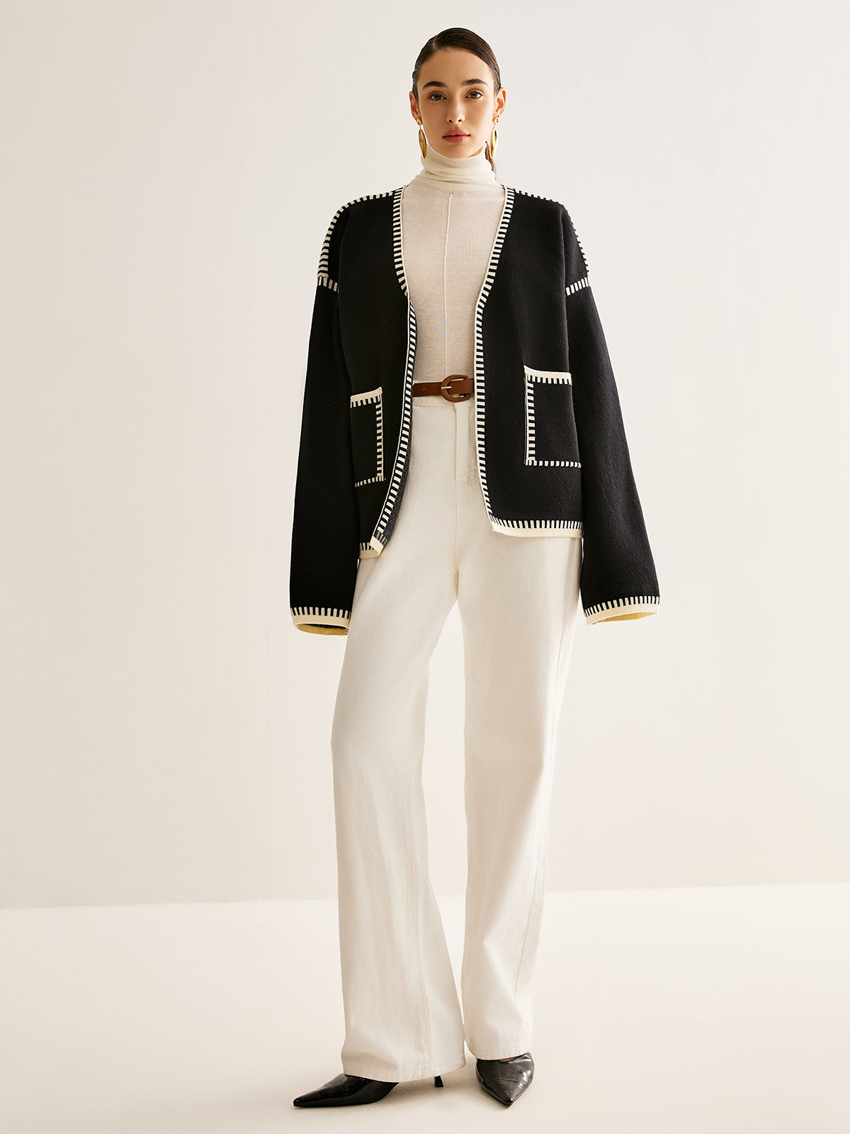 Contrast-Trim Belted Side-Slit Warm Jersey Cardigan for Women - Black