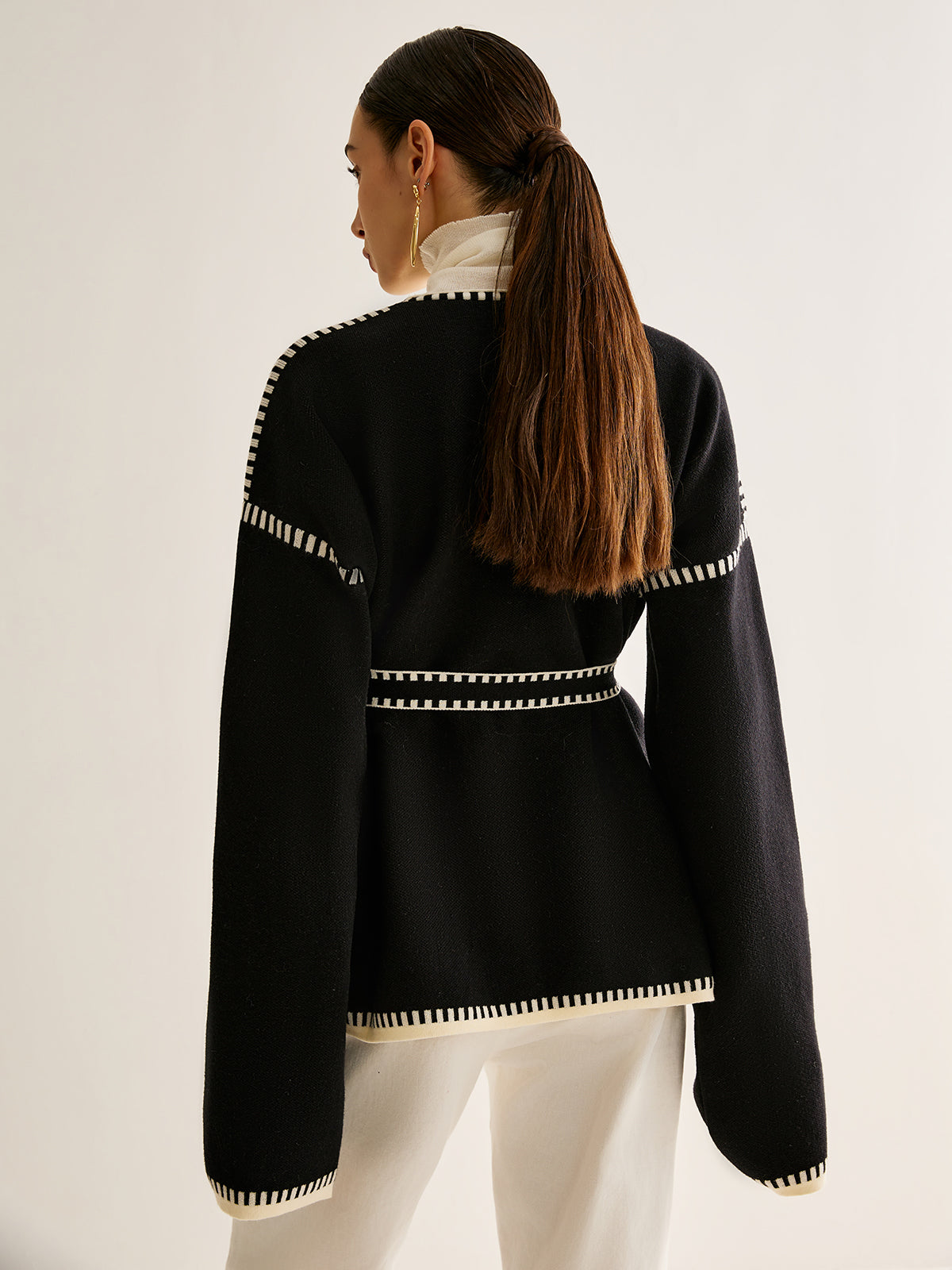 Contrast-Trim Belted Side-Slit Warm Jersey Cardigan for Women - Black