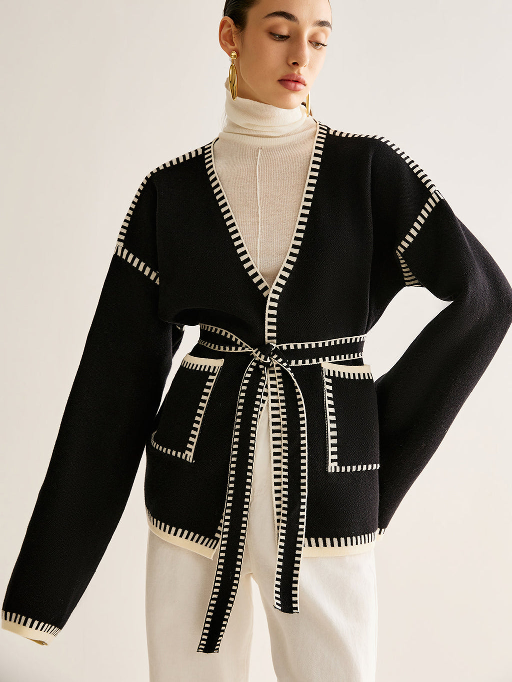 Contrast-Trim Belted Side-Slit Warm Jersey Cardigan for Women - Black