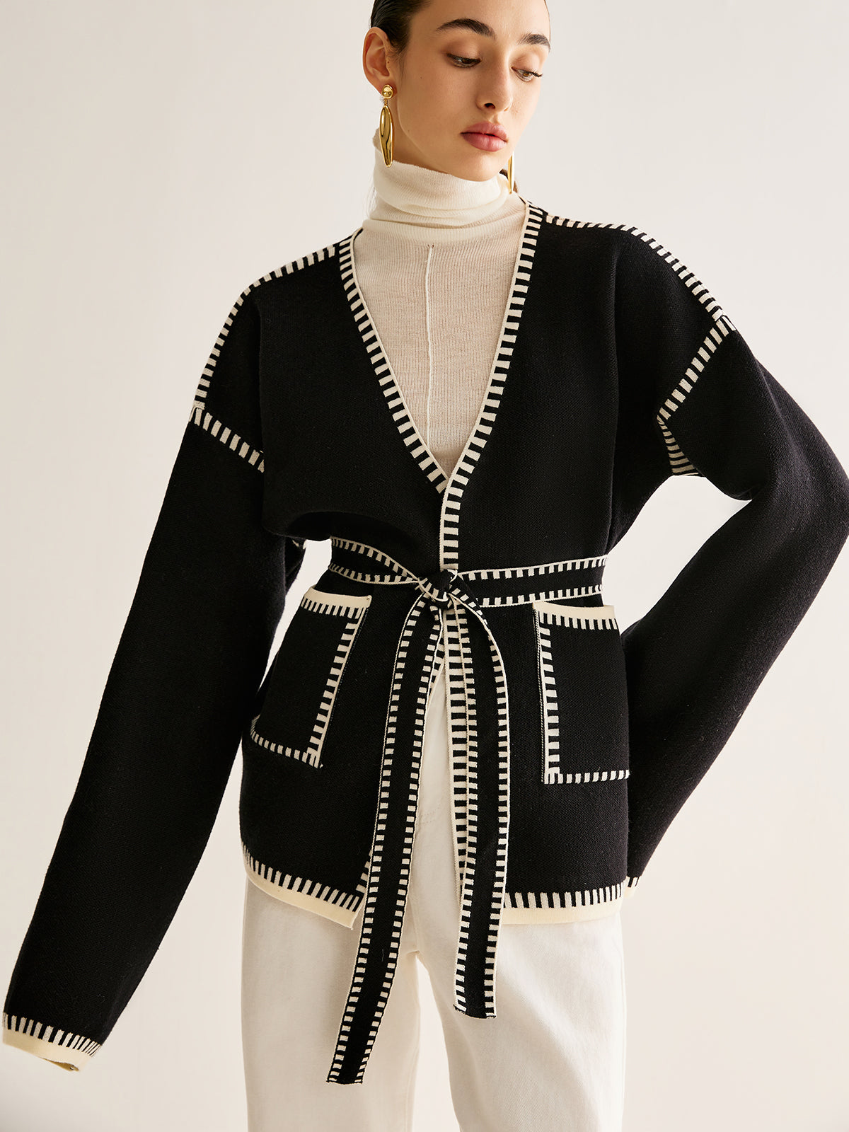 Contrast-Trim Belted Side-Slit Warm Jersey Cardigan for Women - Black