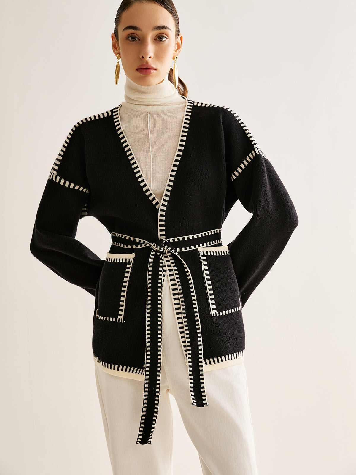Contrast-Trim Belted Side-Slit Warm Jersey Cardigan for Women - Black