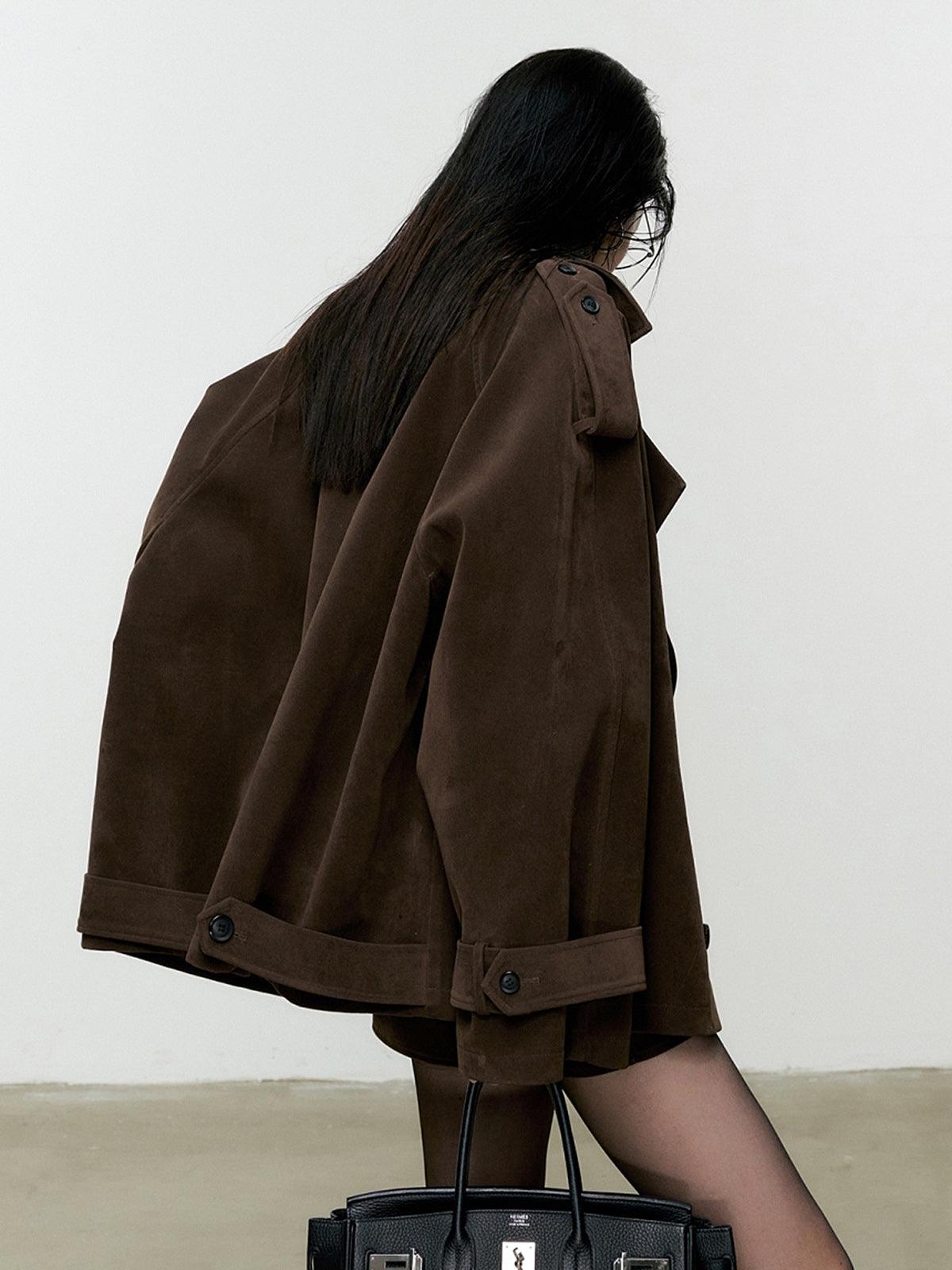 80% Cotton Velvet Mocha Oversize Coat Wide Lapel Button Closure