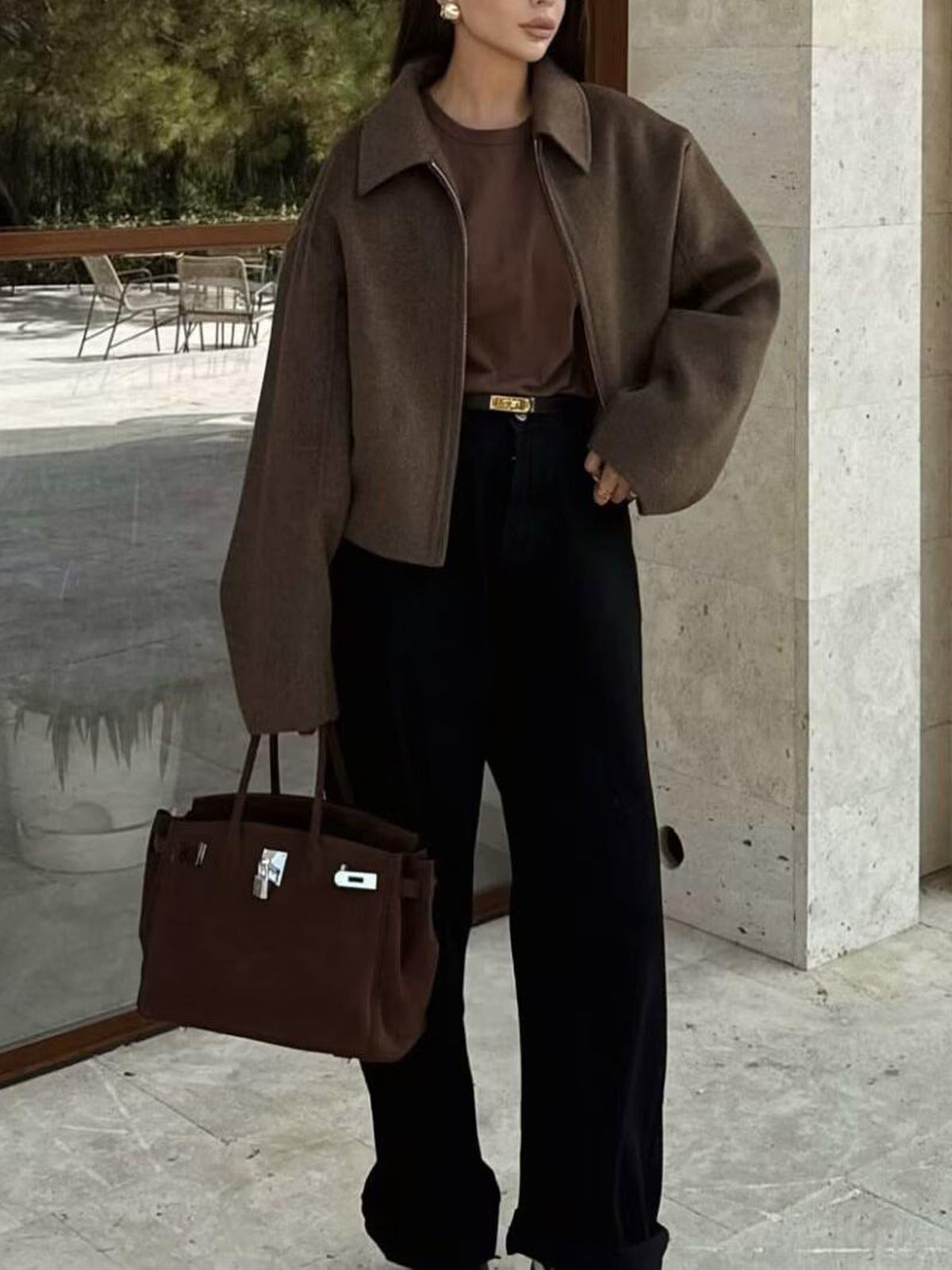 Women's Dark Brown Tweed Zip Jacket Long Sleeve Shift
