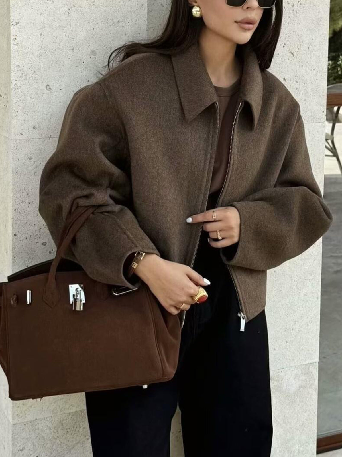 Women's Dark Brown Tweed Zip Jacket Long Sleeve Shift