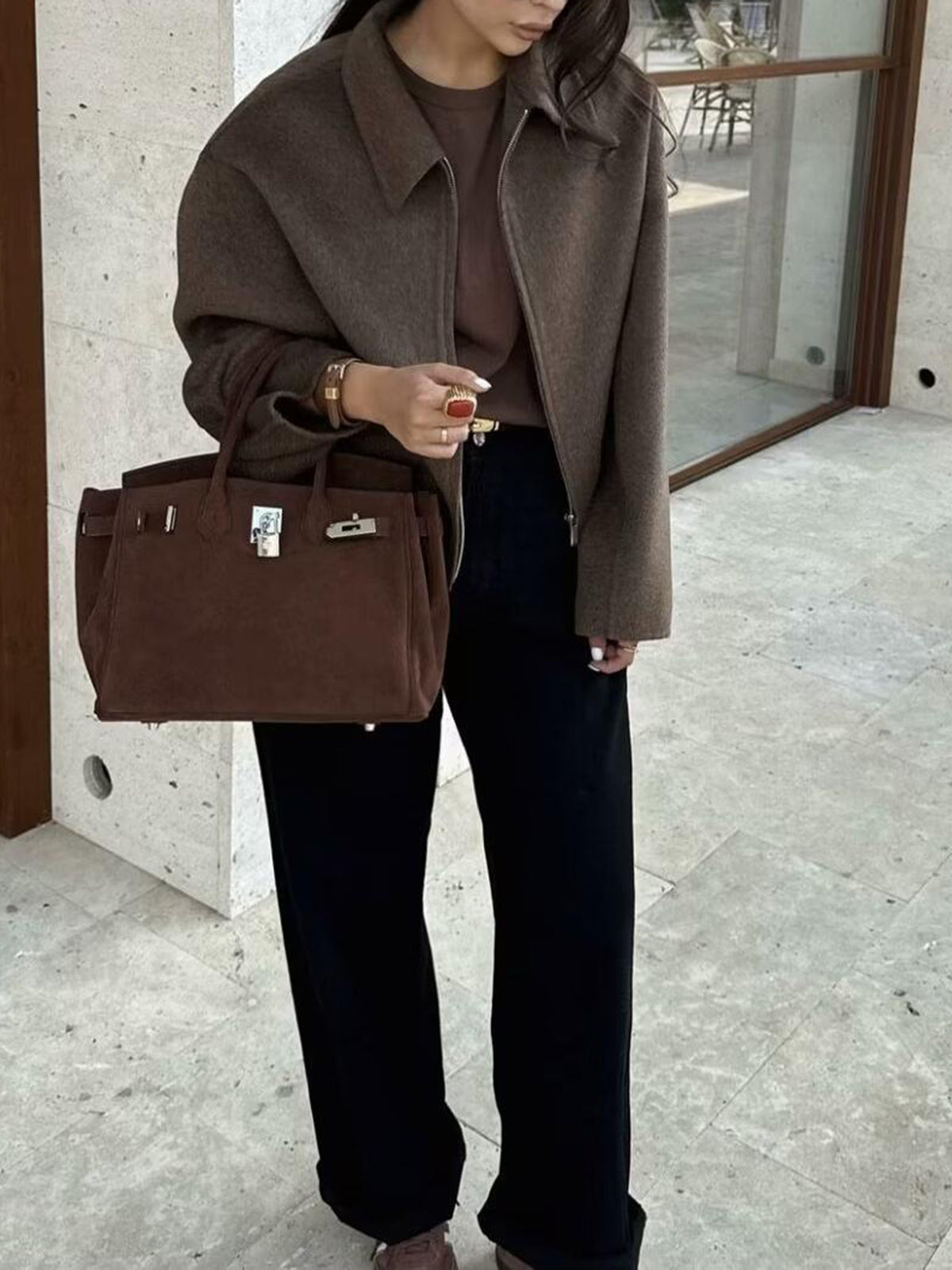 Women's Dark Brown Tweed Zip Jacket Long Sleeve Shift
