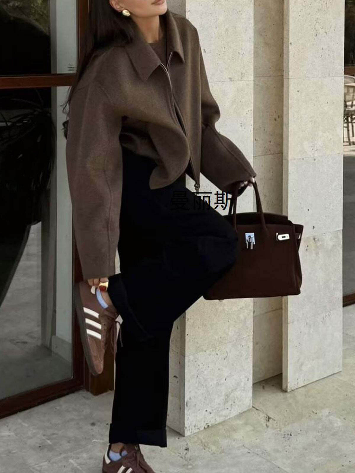 Women's Dark Brown Tweed Zip Jacket Long Sleeve Shift