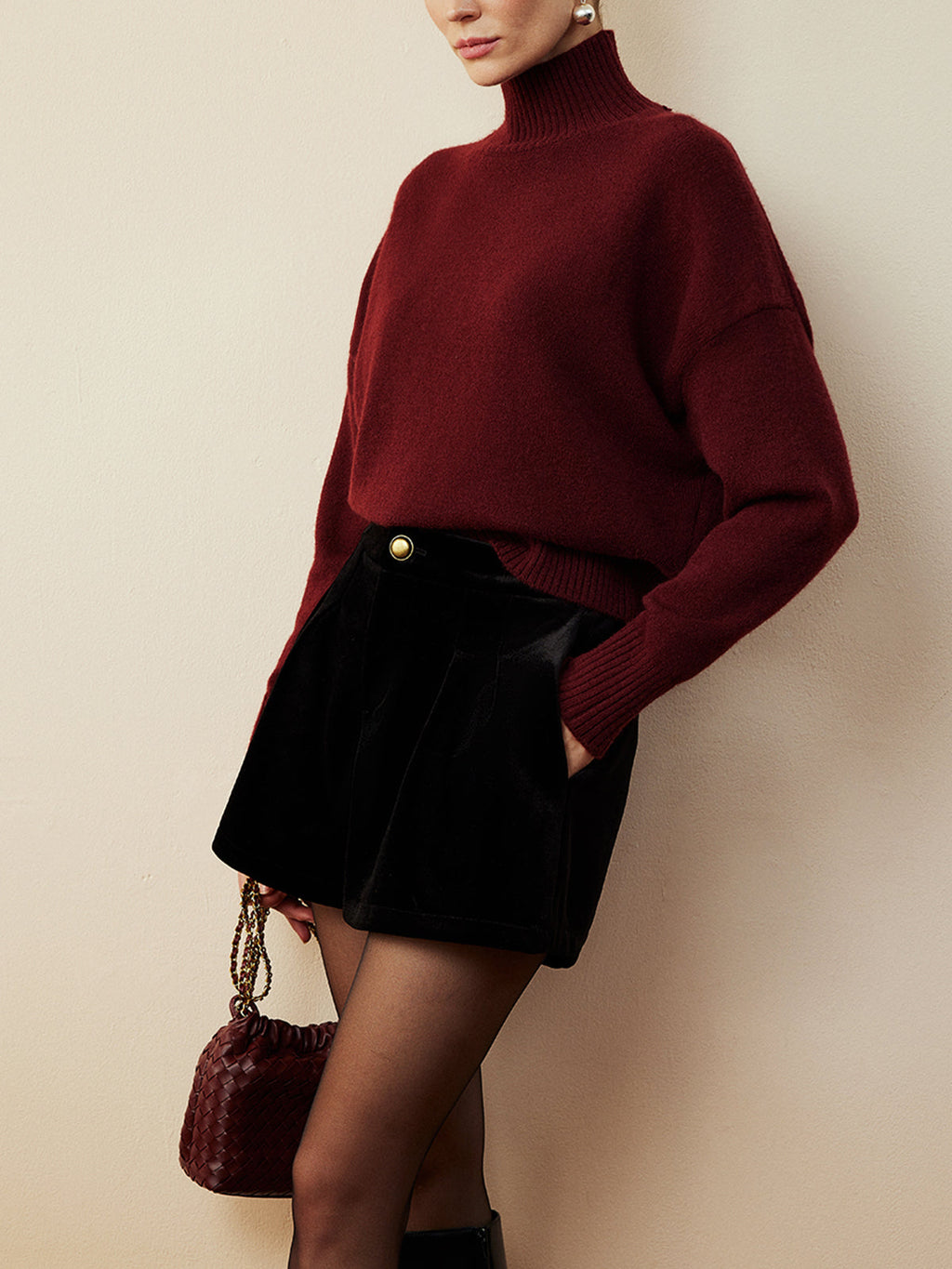 Elegant Drawstring Neck Tiered Knit Sweater Thick Stretchy Warm Top