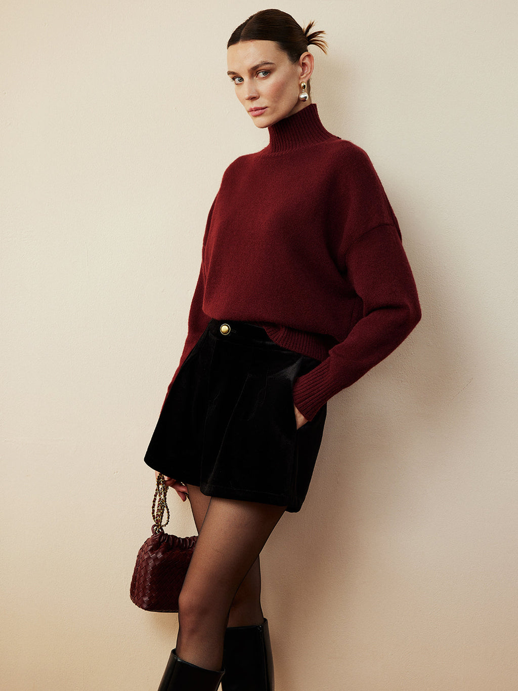 Elegant Drawstring Neck Tiered Knit Sweater Thick Stretchy Warm Top