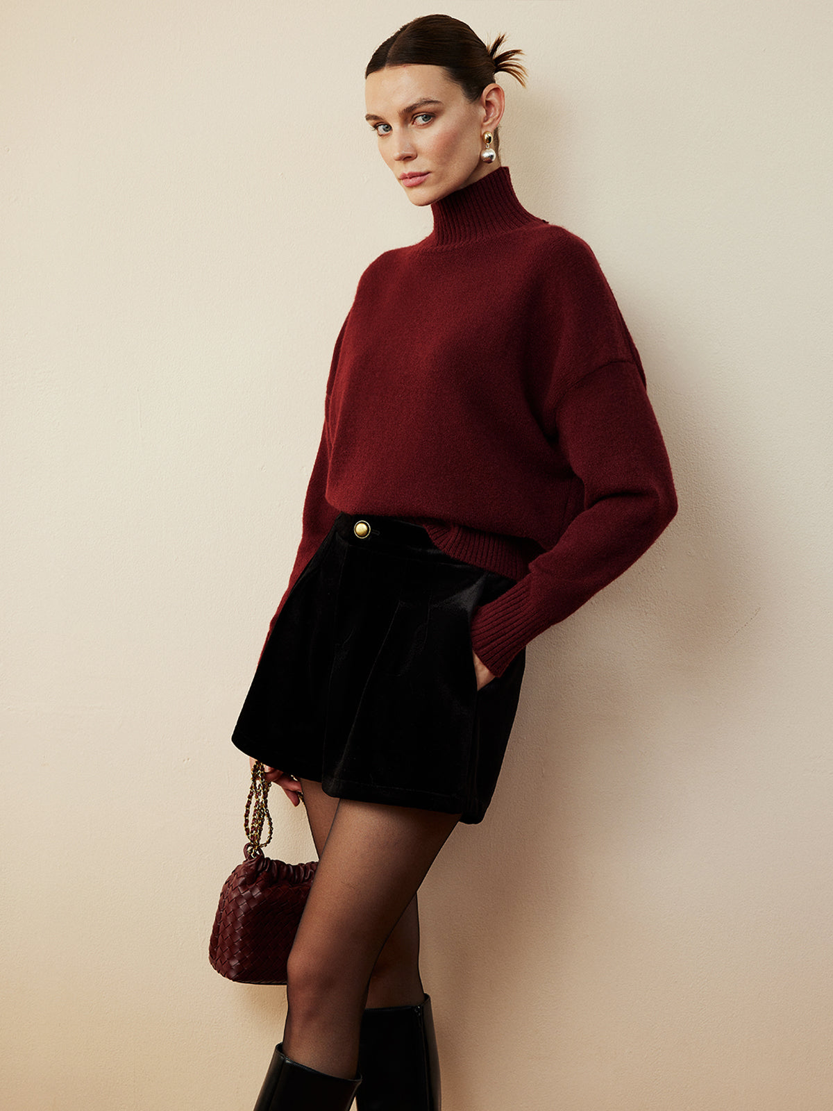 Elegant Drawstring Neck Tiered Knit Sweater Thick Stretchy Warm Top