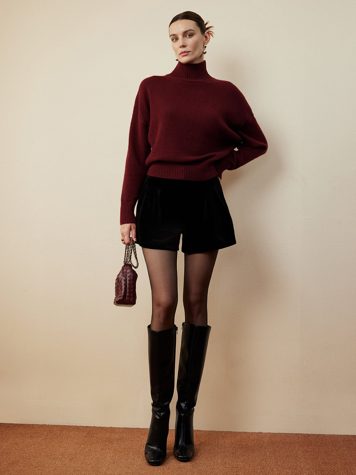 Elegant Drawstring Neck Tiered Knit Sweater Thick Stretchy Warm Top