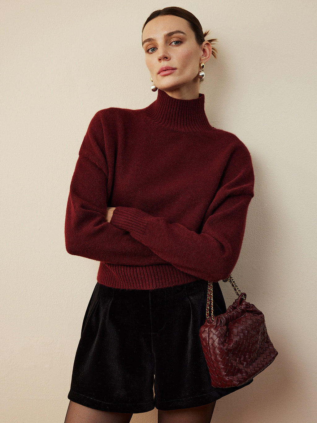 Elegant Drawstring Neck Tiered Knit Sweater Thick Stretchy Warm Top