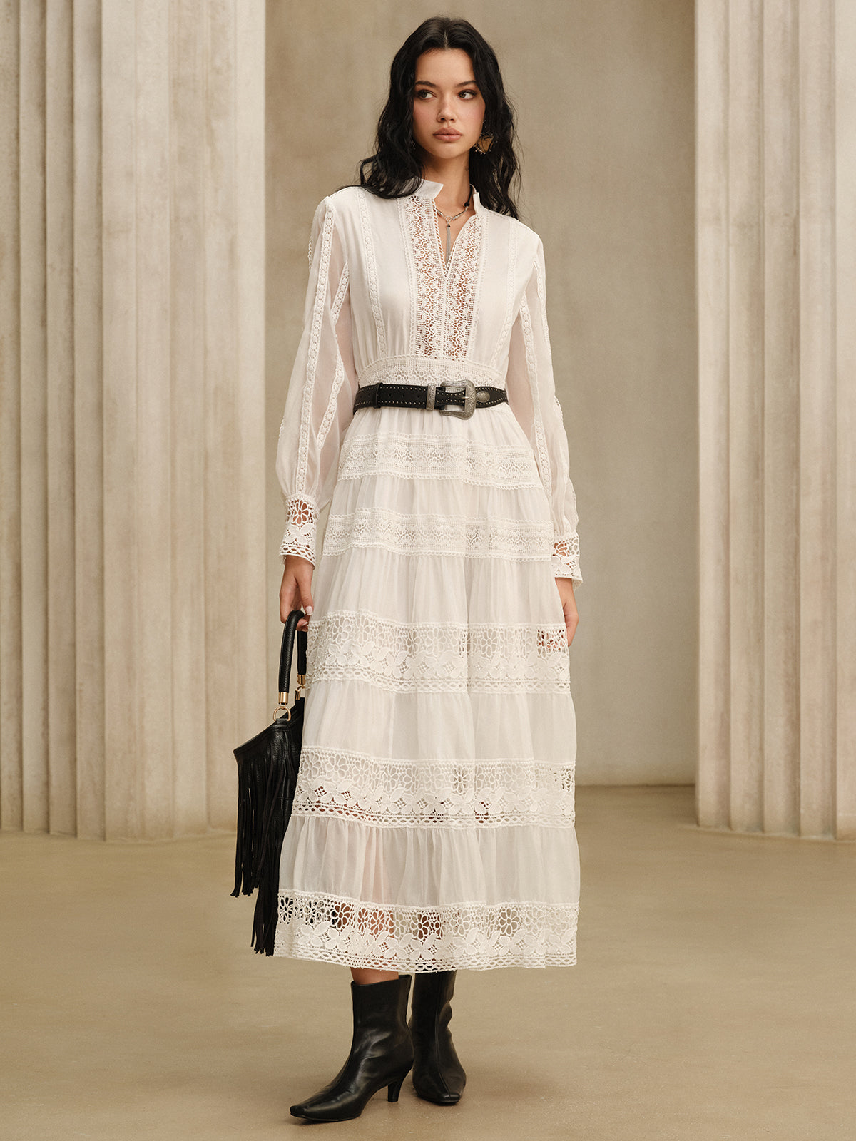 Semi-Sheer Lace Panel Maxi Dress White Long Sleeve Boho