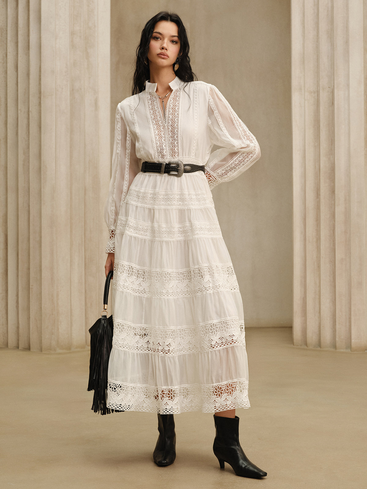Semi-Sheer Lace Panel Maxi Dress White Long Sleeve Boho