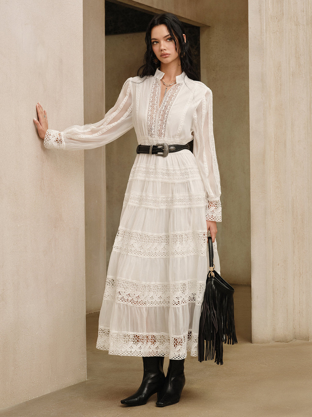 Semi-Sheer Lace Panel Maxi Dress White Long Sleeve Boho