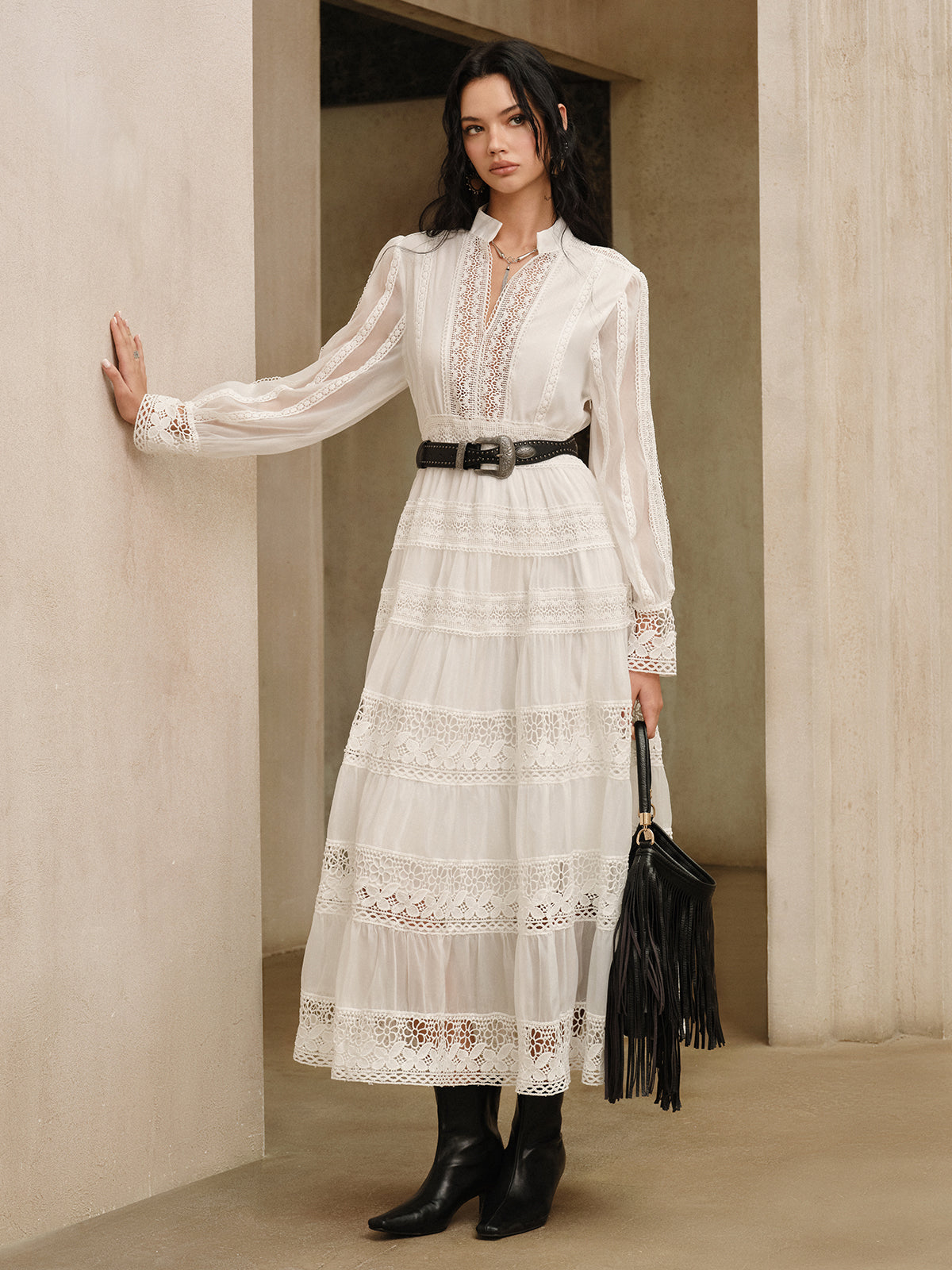 Semi-Sheer Lace Panel Maxi Dress White Long Sleeve Boho