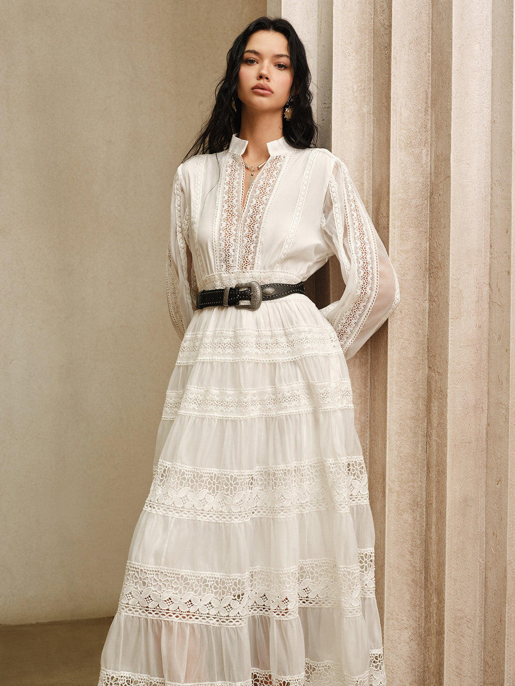 Semi-Sheer Lace Panel Maxi Dress White Long Sleeve Boho